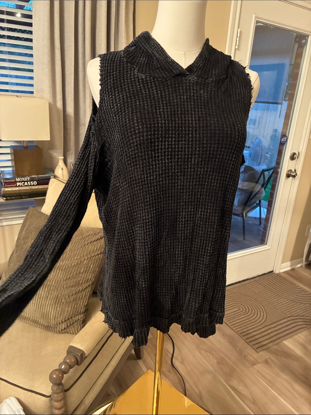 Vintage Havana Cold-Shoulder Waffle Knit Top with hood washed black raw edge L